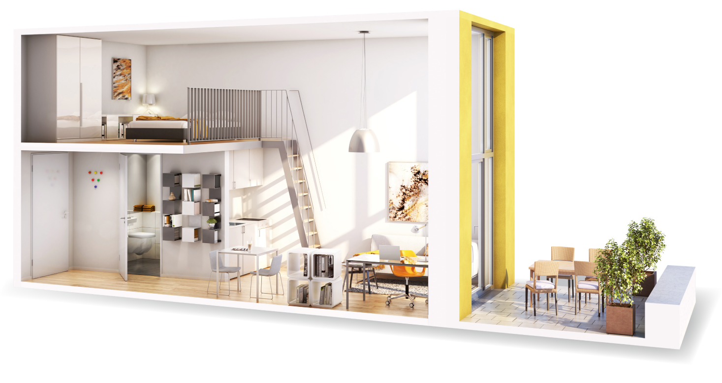 Visualisierung Beispiel eines Apartments mit Galerie in der Studiosus 5 Wohnanlage in Augsburg