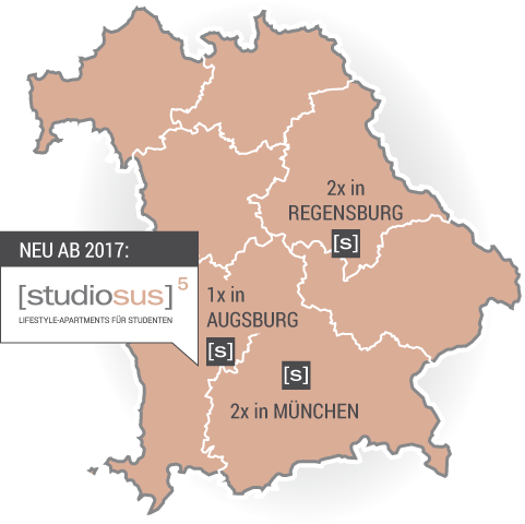 Übersichtskarte studiosus Standorte Übersichtskarte der studiosus Standorte in Deutschland: Studentenwohnungen und Apartments in Augsburg (Neubau Anlageobjekt bis 2017), Regensburg und München
