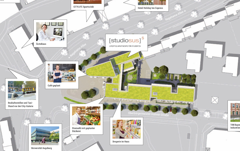 Mikro-Lageplan Textilviertel Augsburg mit Standort der studiosus 5 Wohnanlage mit Lifestyle-Apartments für Studenten