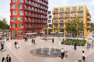 Außenansicht moderner Neubau studiosus Immobilienanlage mit Studentenwohnungen und Apartments mit integrierter Ladenzeile im Stadtkern von Augsburg