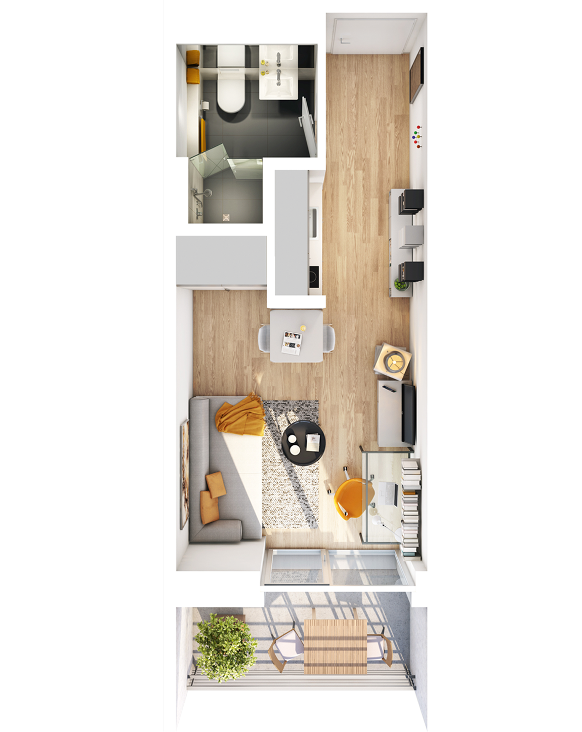 Visualisierung Beispiel 1-Zimmer-Wohnung Typ A mit Bad, Küchenzeile, Wohnbereich und Balkon im studiosus 5 Apartmenthaus in Augsburg