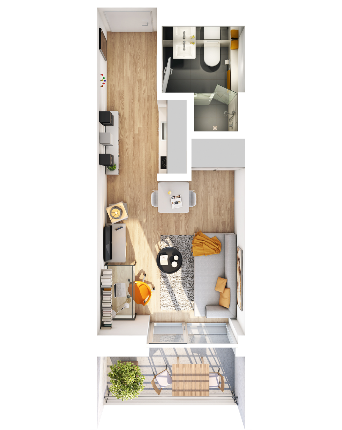 Visualisierung Beispiel 1-Zimmer-Wohnung Typ A mit Bad, Küchenzeile, Wohnbereich und Balkon (spiegelverkehrt) im studiosus 5 Apartmenthaus in Augsburg