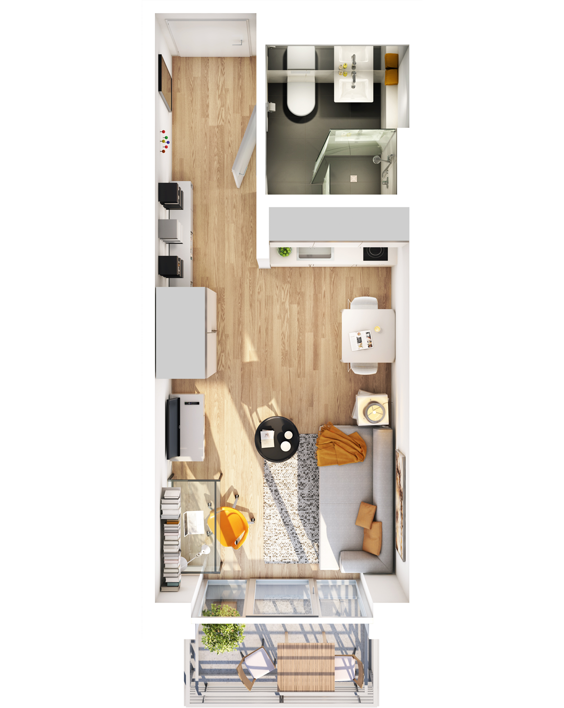 Visualisierung Beispiel 1-Zimmer-Wohnung Typ B mit Bad, integrierter Küche im Wohnbereich und Balkon (spiegelverkehrt) im studiosus 5 Apartmenthaus in Augsburg
