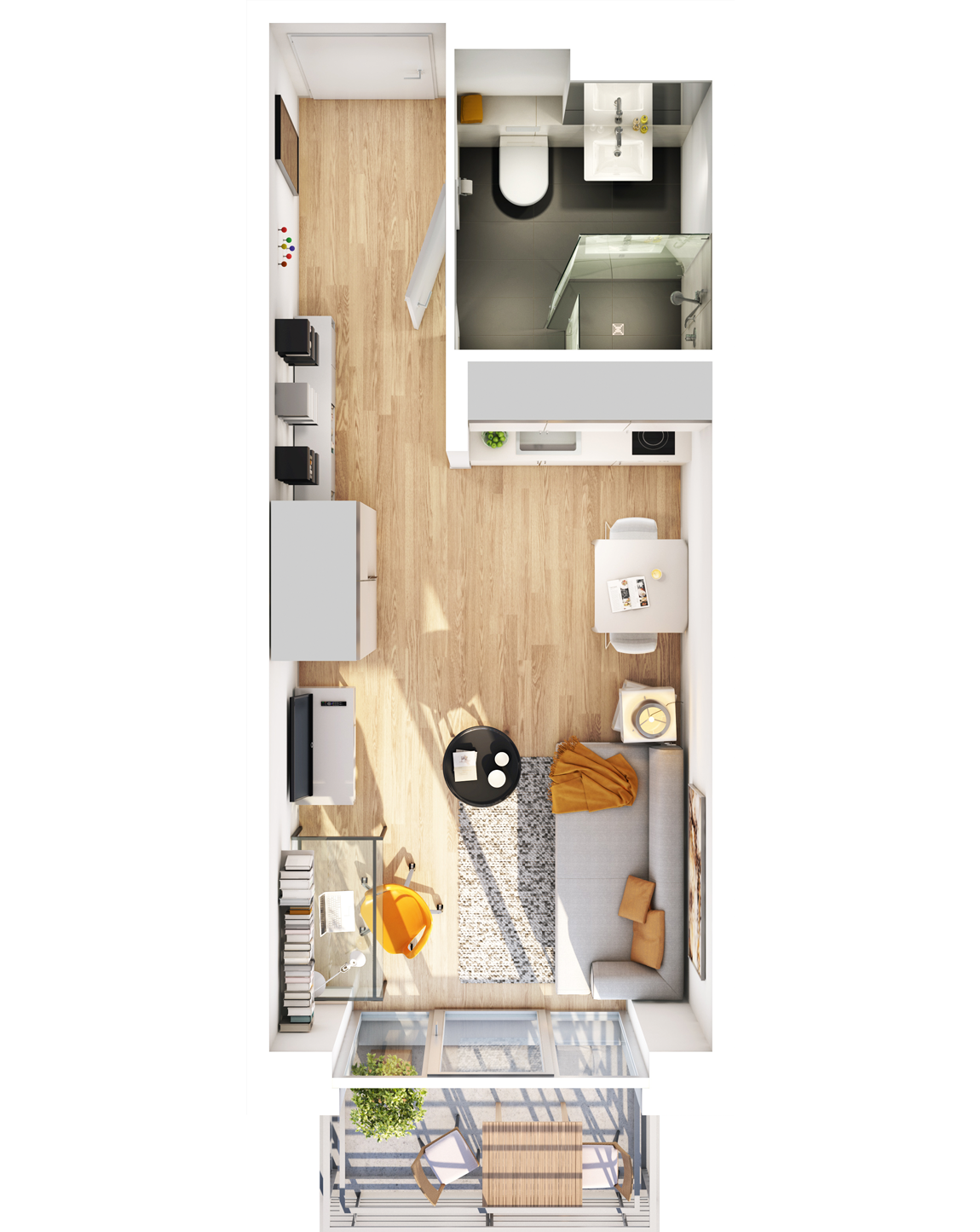 Visualisierung Beispiel 1-Zimmer-Wohnung Typ B mit Bad, integrierter Küche im Wohnbereich und Balkon (spiegelverkehrt) im studiosus 5 Apartmenthaus in Augsburg
