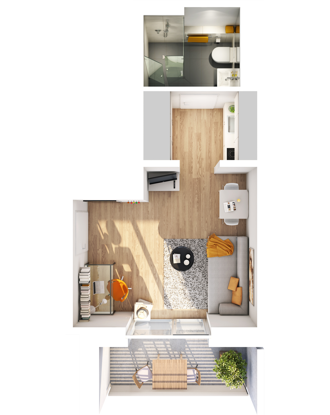 Visualisierung Beispiel 1-Zimmer-Wohnung Typ C mit Bad, separater Küche, großem Wohnbereich und Balkon im studiosus 5 Apartmenthaus in Augsburg