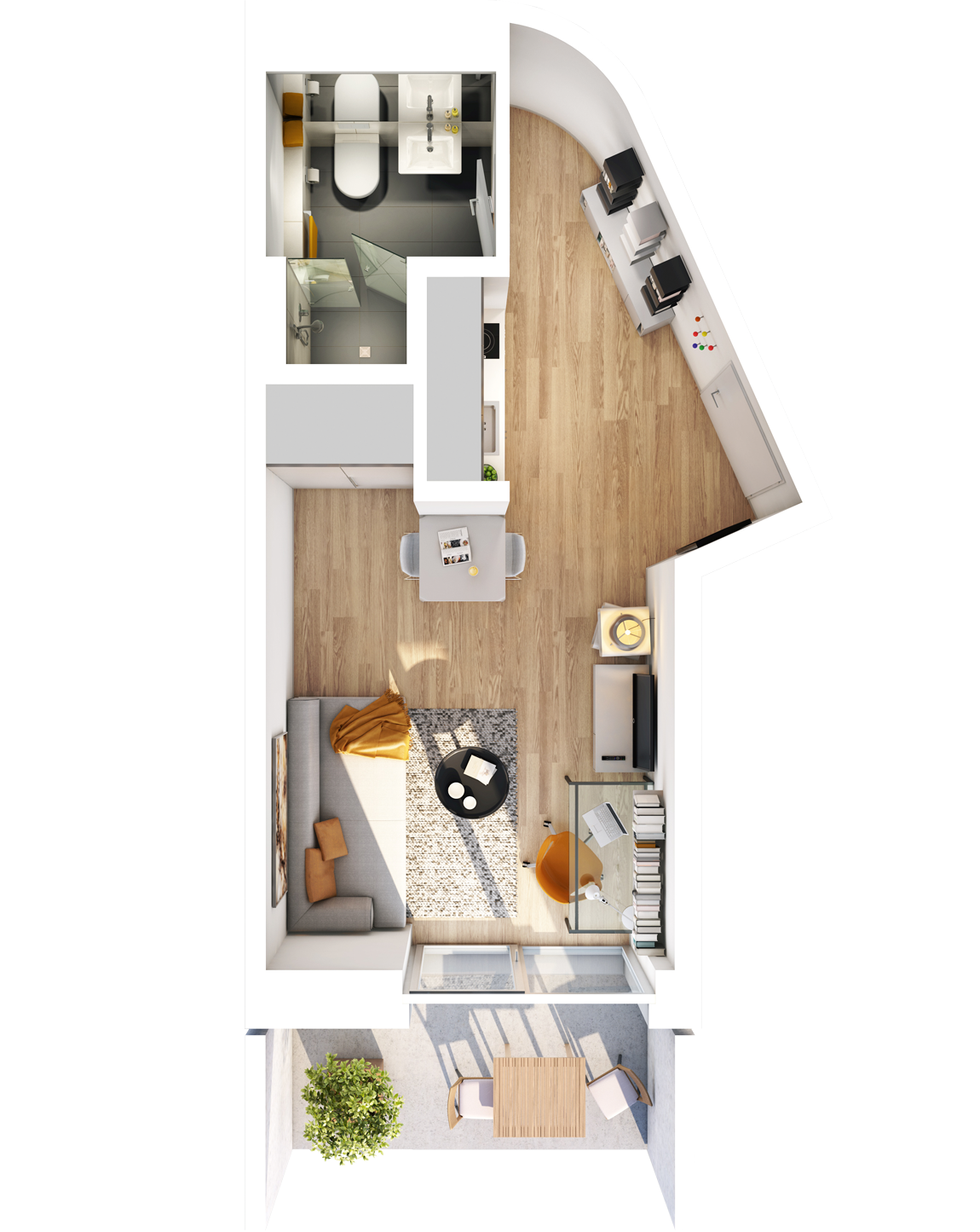 Visualisierung Beispiel 1-Zimmer-Wohnung Typ D im außergewöhnlichen Schnitt mit Bad, separater Küche, Wohnbereich und Balkon im studiosus 5 Apartmenthaus in Augsburg
