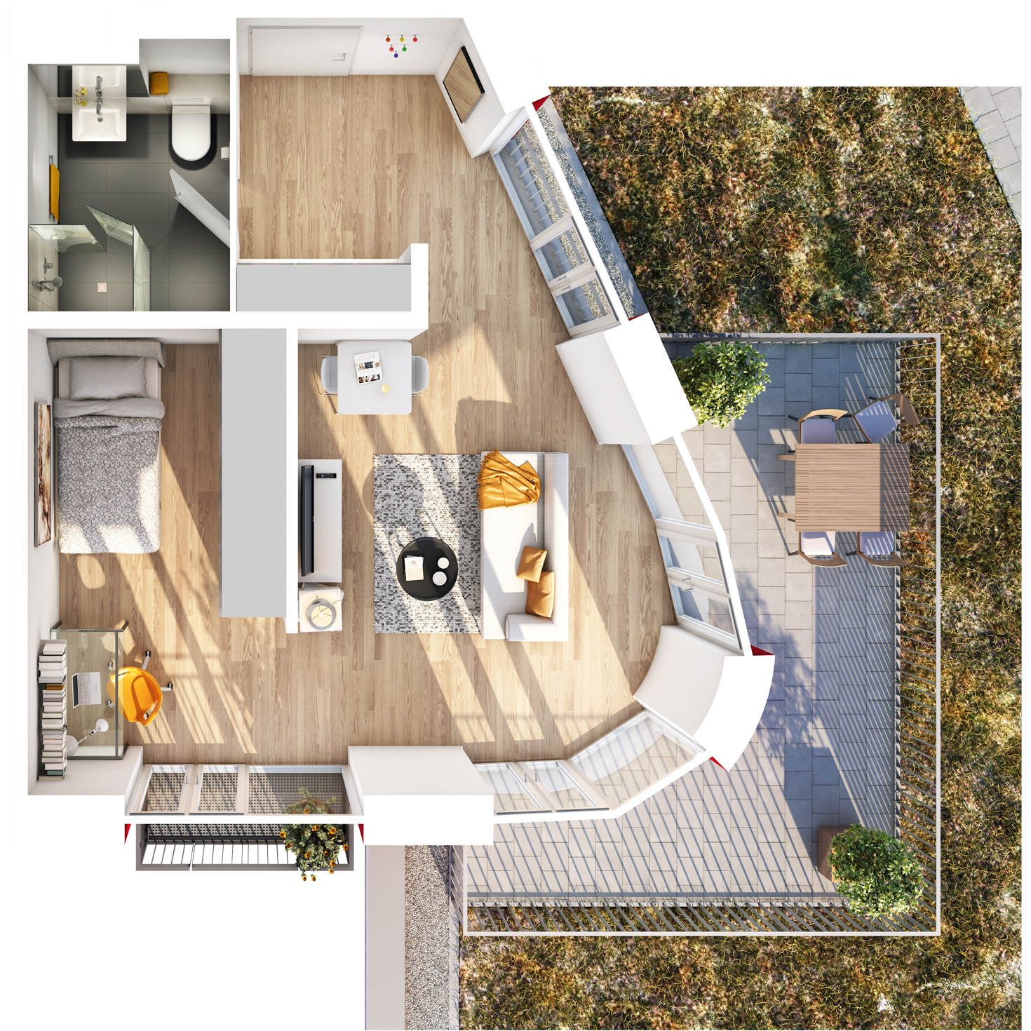 Visualisierung Beispiel 1,5-Zimmer-Wohnung Typ E mit Bad, abgetrennter Küche, geteiltem großen Wohn- und Schlafbereich und Terrasse im studiosus 5 Apartmenthaus in Augsburg