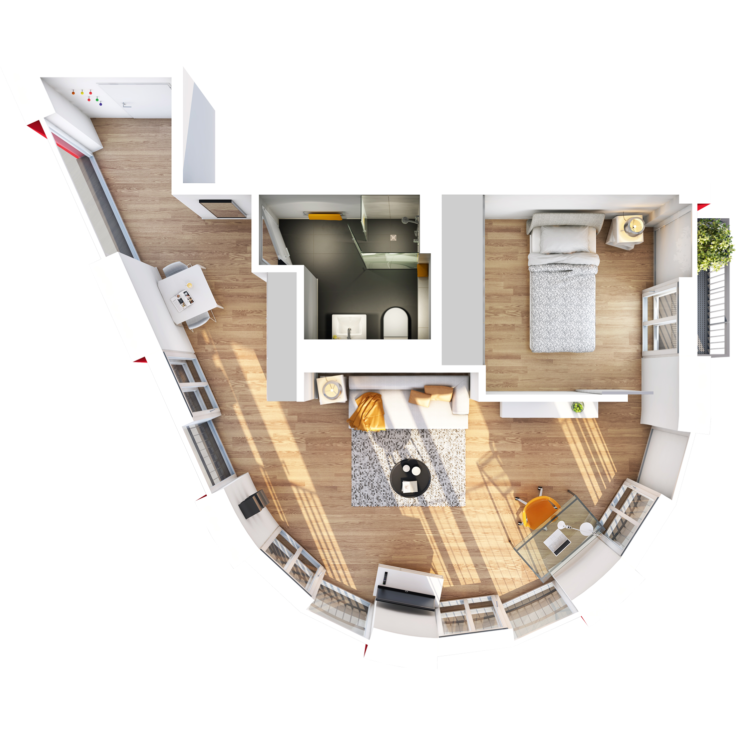 Visualisierung Beispiel 1,5-Zimmer-Wohnung Typ F mit exklusivem, halbrunden Wohnschnitt mit Bad, abgetrennter Küche, großem Wohn- und separatem Schlafbereich und Balkon im studiosus 5 Apartmenthaus in Augsburg