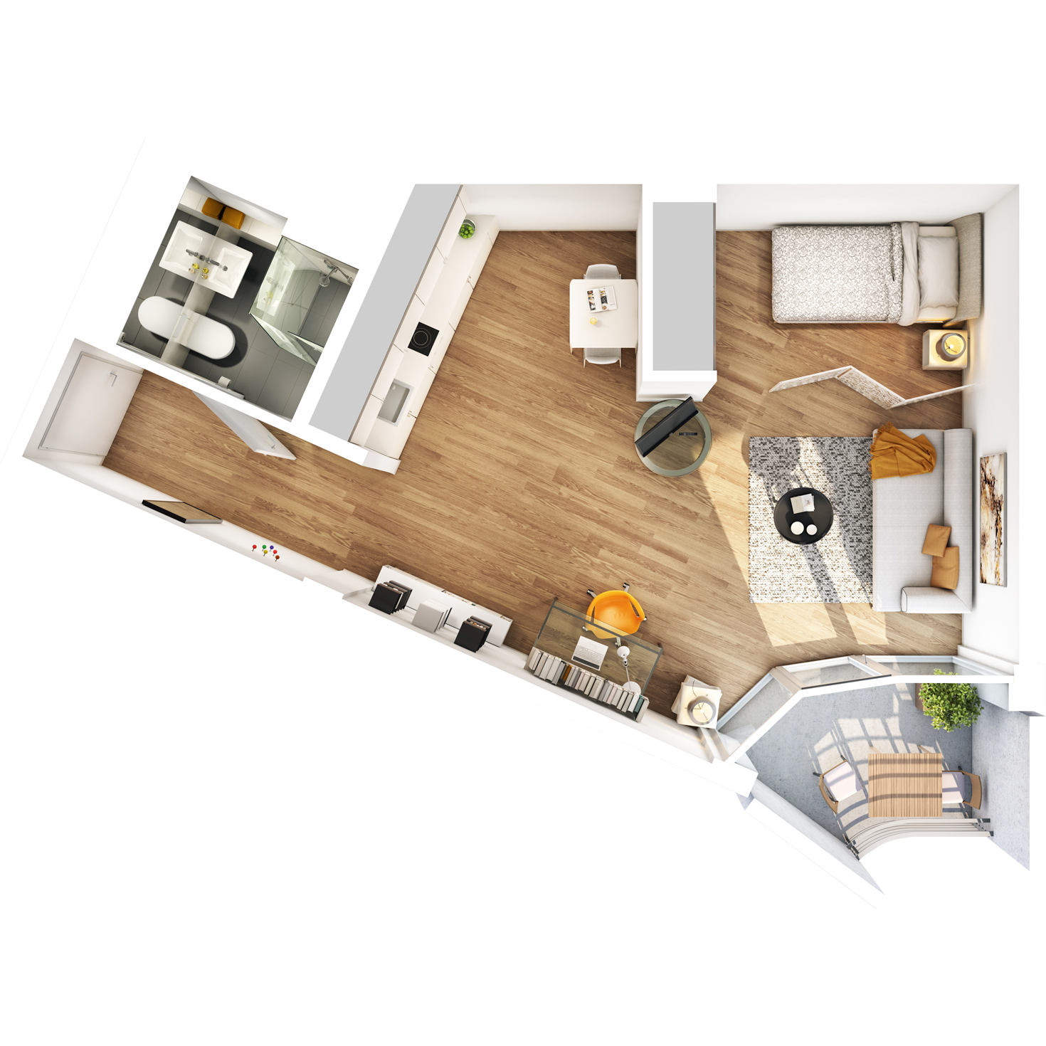 Visualisierung Beispiel 1-Zimmer-Wohnung Typ G mit Bad, abgetrennter Küche, großem Wohn- und Schlafbereich und Balkon im studiosus 5 Apartmenthaus in Augsburg
