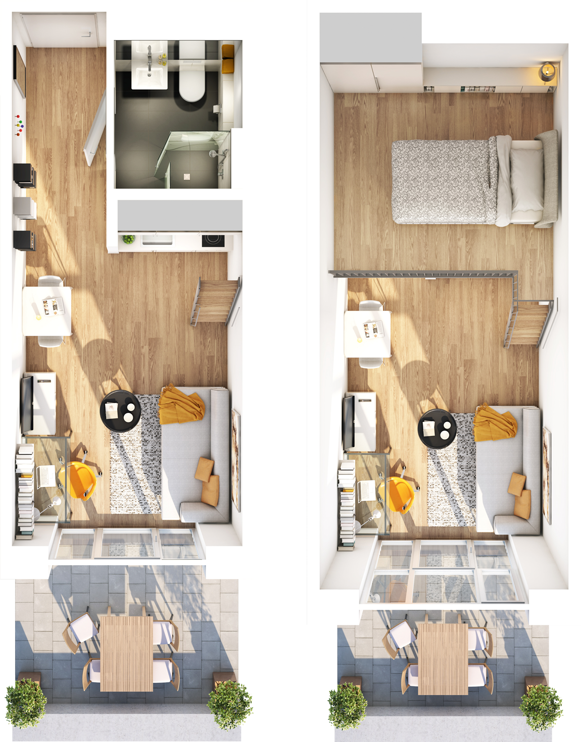 Visualisierung Beispiel 1,5-Zimmer-Wohnung Typ I mit Bad, Küchenzeile, Wohnbereich und Balkon auf der unteren Ebene und Schlafbereich auf der Galerie im studiosus 5 Apartmenthaus in Augsburg