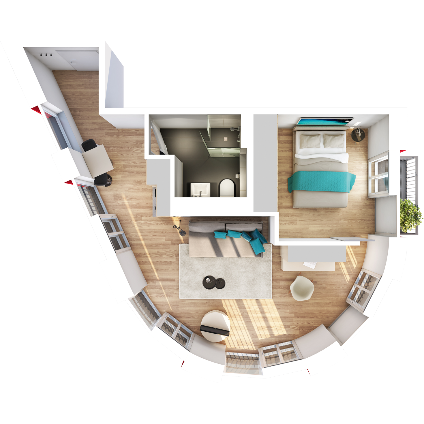 Visualisierung Beispiel 1,5-Zimmer-Boarding-Apartment Typ J mit exklusivem, halbrunden Wohnschnitt mit Bad, abgetrennter Küche, großem Wohn- und separatem Schlafbereich und Balkon im studiosus 5 Apartmenthaus in Augsburg