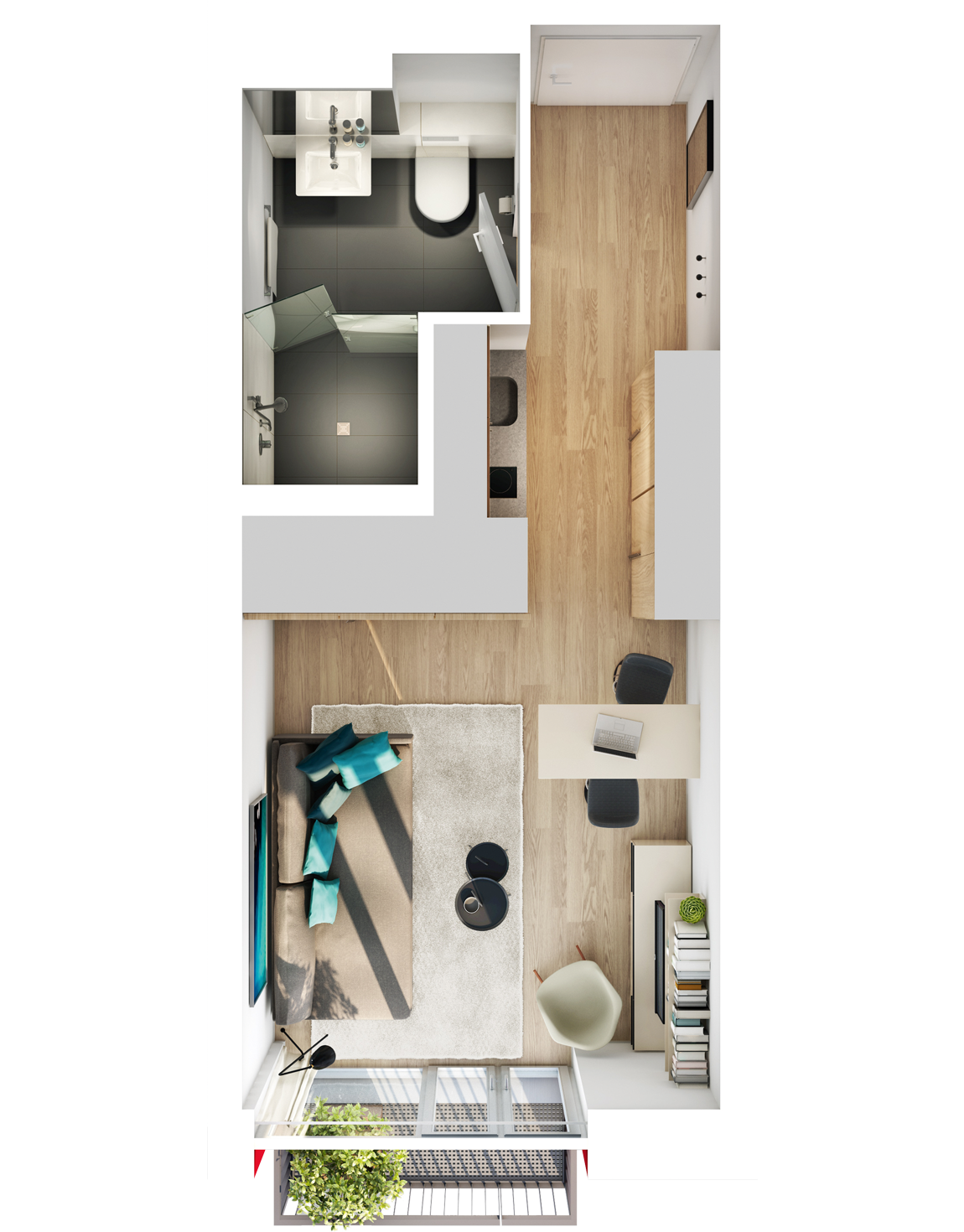 Visualisierung Beispiel 1-Zimmer-Wohnung Typ K mit Bad, Küchenzeile, Wohnbereich und Balkon im studiosus 5 Apartmenthaus in Augsburg