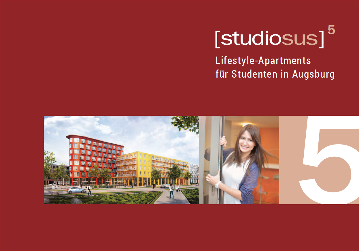 Titelseite der Broschüre des Neubauprojekts studiosus 5 mit Lifestyle-Apartments für Studenten in Augsburg